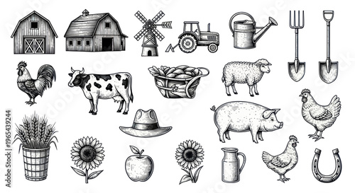 Farm Animals and Equipment Collection - Vintage Sketch Style