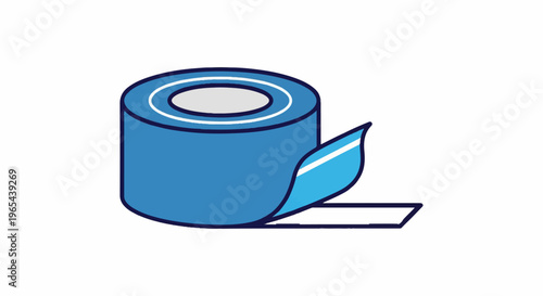 Simple cartoon illustration of a roll of blue tape with tape peeling off