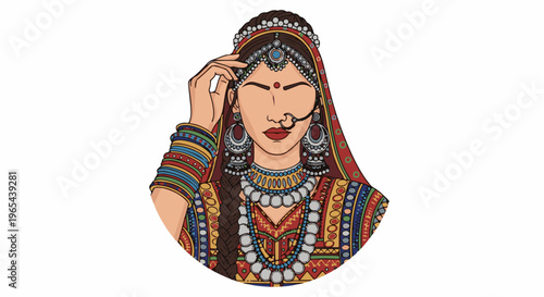 Elaborate portrait of a richly adorned individual with intricate jewelry and vibrant attire