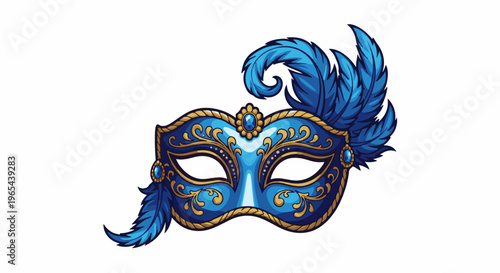 Elaborate blue and gold masquerade mask with feather adornments