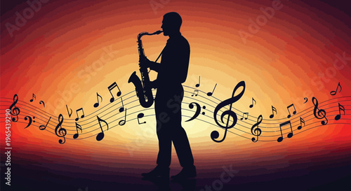 Silhouette saxophonist playing saxophone, musical notes, vibrant orange sunset background, music concept, vector illustration