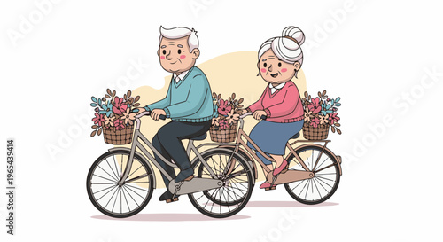 Elderly couple enjoys a tandem bike ride with flowers in baskets