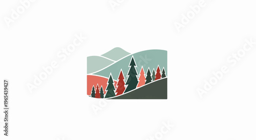 Stylized forest scene with rolling hills and evergreen trees