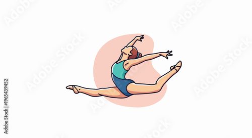 Gymnast performs a split leap with arms outstretched, in a leotard