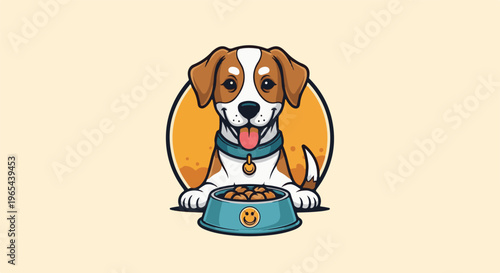 Cute dog with collar and tag waits for food in bowl