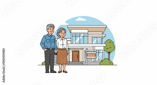 Elderly couple happy in front of their new modern house with sold sign