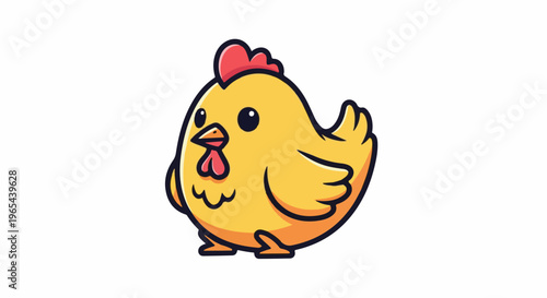 Cute, plump, yellow chick with red comb and wattles, standing