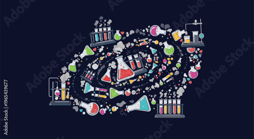 Colorful science lab equipment and bubbly chemical reactions on a dark background
