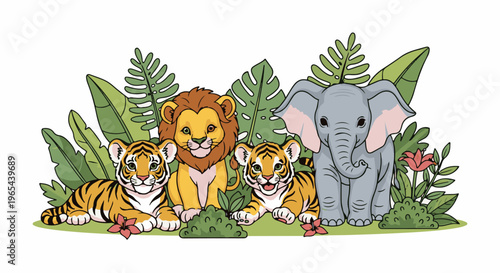 Cute safari animals and tropical plants