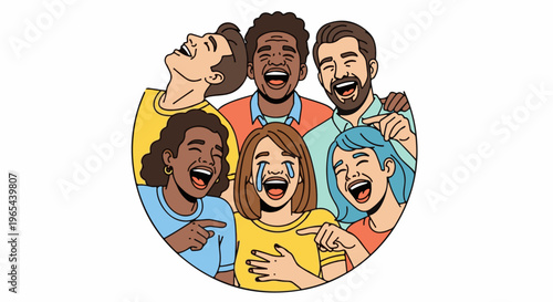 Diverse group of people laughing together, pointing at each other in a circle