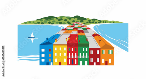 Colorful row of houses beside a bay with green hills in background