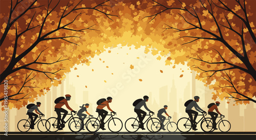 Cyclists ride through autumn trees with city skyline backdrop