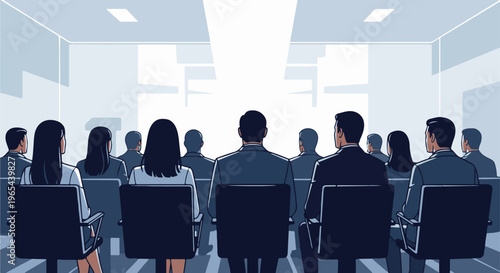 Diverse group of people in suits attending a presentation in a modern conference room