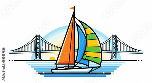Colorful sailboat glides on blue water before a majestic suspension bridge
