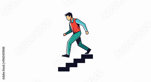 Stylized person in colorful clothing descends dark steps