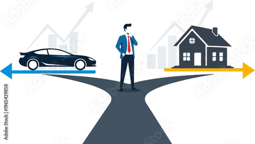 Man at crossroads chooses between car, house, with upward financial trend graphs