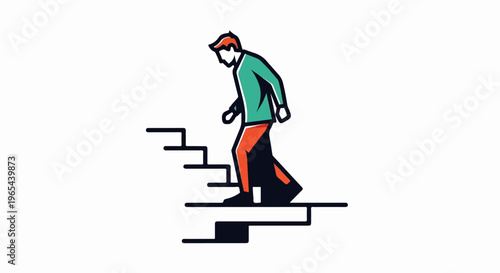 Stylized person in a teal shirt and orange pants descends a stark staircase