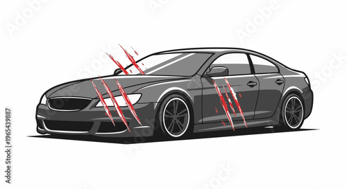 Damaged dark gray sedan with prominent red claw marks