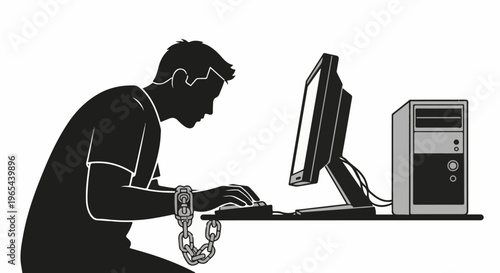 Person chained to computer, illustrating technological dependence and addiction