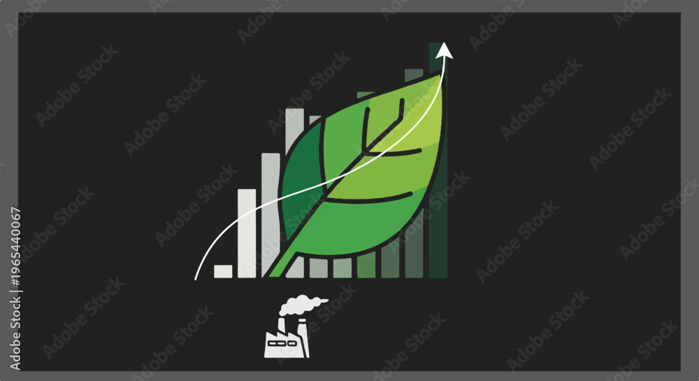 Obraz premium Green growth chart with leaf and rising arrow above factory