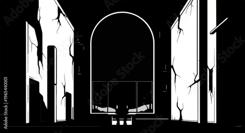 Ruined monochrome structure with arched doorway and seated figure