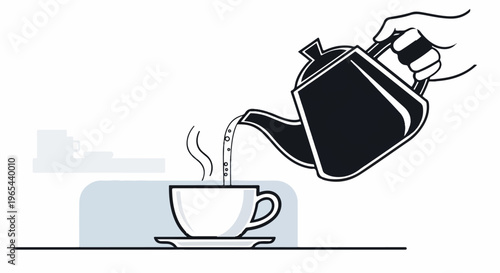 Hand pouring hot water from a teapot into a steaming teacup