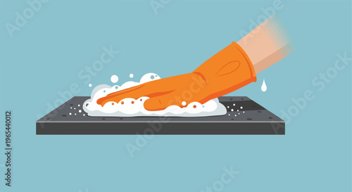 Hand in orange glove cleans surface with soap bubbles and water