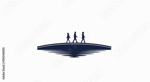 Three figures walk across a bridge reflected in water