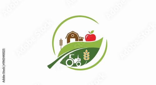 Rustic farm scene with apple, barn, tractor, and wheat, within a leaf