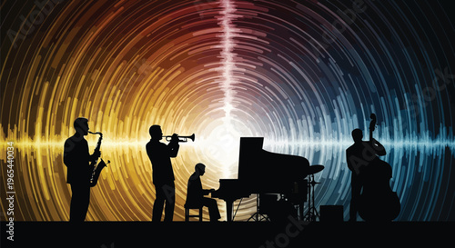 Jazz band, music performance, colorful lights, live concert, silhouette musicians