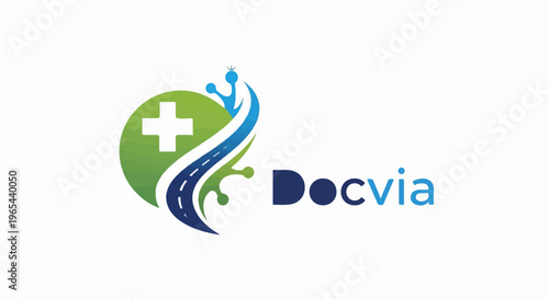 Green cross on a circular road leading to abstract blue shapes