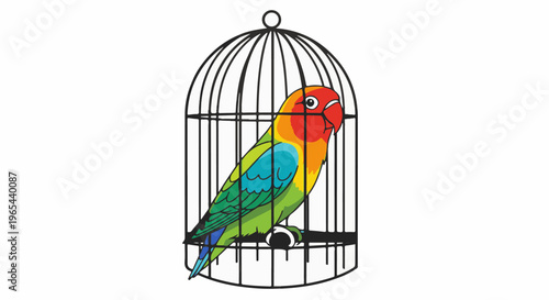 Colorful parrot perched inside a black, domed birdcage on a white background