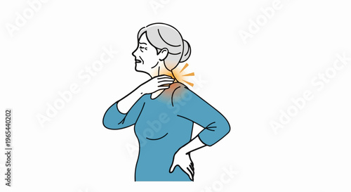 Elderly woman with neck and back pain, illustrated