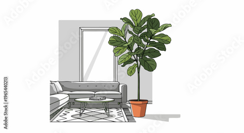 Contemporary living room with large potted plant and minimalist furniture