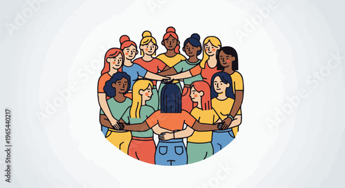 Diverse group of women forming a circle, hands joined, showing unity and support
