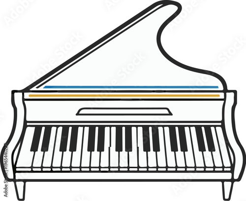 A black and white illustration of a grand piano with blue and gold accents