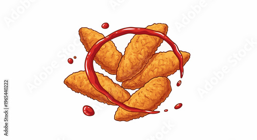 Crispy golden chicken strips encircling in a red sauce drizzle and drips