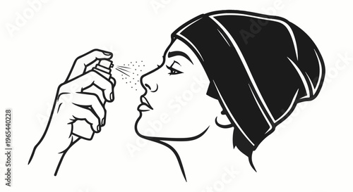 Woman's profile applies mist from spray bottle onto her face with her hand