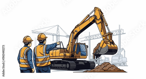 Construction workers oversee an excavator digging and moving dirt at a job site with cranes