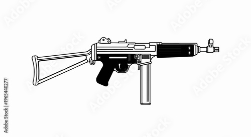 A black and white line drawing of a submachine gun