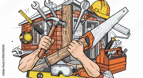 Construction workers building a house with various tools