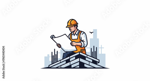 Construction worker reviews blueprint on incomplete building site