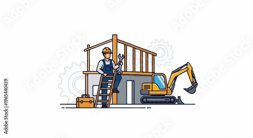 Construction worker on ladder with excavator and building materials