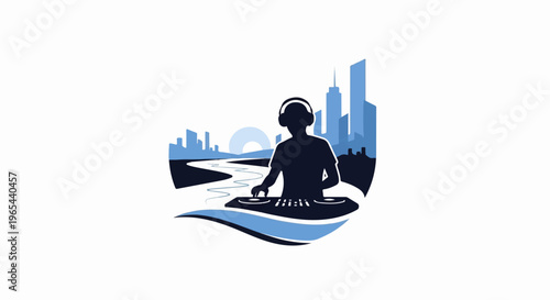A DJ silhouetted against a city skyline and a winding river