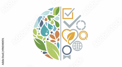 Circular design split into nature and symbolic icons, representing growth, care, and progress