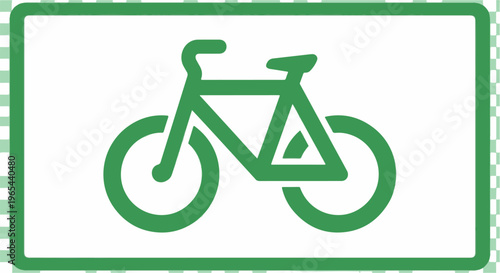 A minimalist green bicycle icon on a white background with a green border