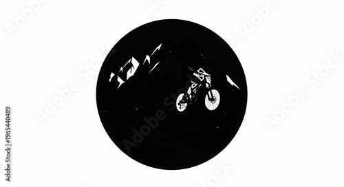 Stylized graphic of a person on a mountain bike descending a steep slope