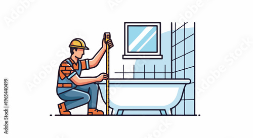 Construction worker measuring bathtub with tape measure in bathroom
