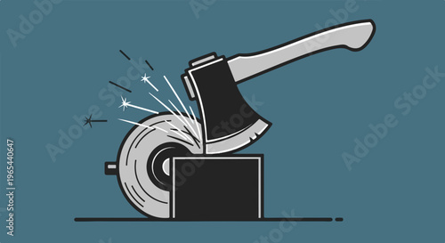 Axe blade being sharpened on a grinding wheel, sparks flying