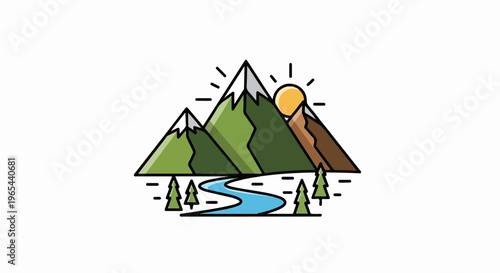 Stylized mountains with a winding river, trees, and sun